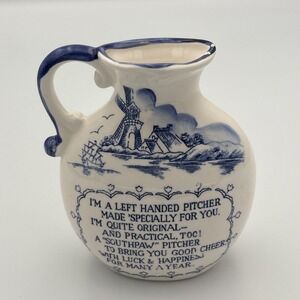 Vintage DELFT Blue Willow Dutch  Small Left Handed Pitcher Southpaw 1950-1960s